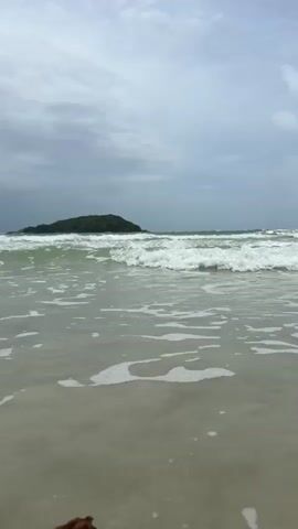 The video shows a beach scene with choppy, gray ocean waves rolling towards the shore under a cloudy sky. A small, tree-covered island is visible in the distance. In the foreground, a dark, oval-shaped object, possibly a piece of debris or a shell, drifts in the shallow water. The waves are breaking and creating white foam as they wash over the sandy bottom. The camera is positioned low, near the water's surface, giving a close-up view of the incoming waves and the object in the water. There are no people or animals visible in the frame.