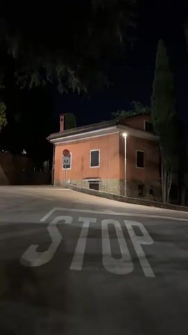 A still image shows a street at night with a stop sign painted on the asphalt. In the background, an orange building with dark windows is illuminated by a streetlamp. A tall, slender tree stands to the right of the building, and dark foliage overhangs the top of the frame.