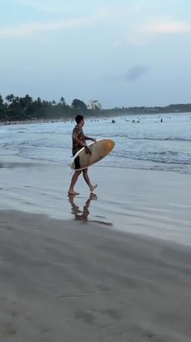 Typical beach day unfolds at Weligama with surfers and tourists