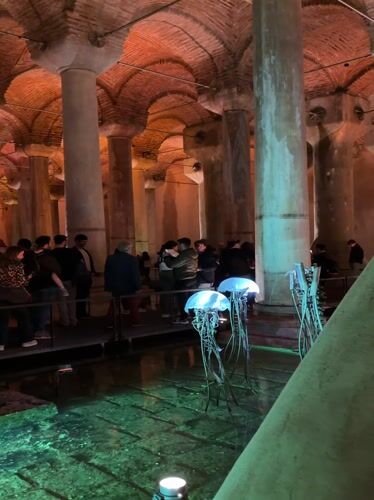 Tourists visit ancient Basilica Cistern in Istanbul