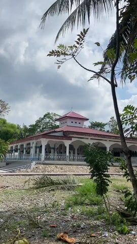 A medium shot captures a mosque with a red-tiled roof and white walls under a cloudy sky. The mosque features a central tower and an open-air prayer area supported by columns. Palm fronds and green foliage frame the scene, with debris scattered in the foreground. The video is static, with no discernible action or movement.