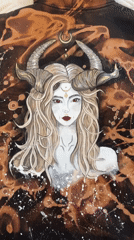 Horned woman artwork documented on fabric in Bobrovo
