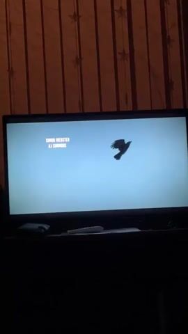 The video shows a television screen displaying what appears to be opening or closing credits of a film or show. The room is dark, with patterned curtains featuring star cutouts visible in the background. A remote control and a computer mouse are on a surface in front of the TV.

At the 0:00 mark, the TV screen shows a light blue sky with the silhouette of a large bird, possibly a crow or raven, flying. The text "SIMON WEBSTER" and "AJ SIMMONS" is displayed in the top left corner.

Around 0:01, the screen transitions to a similar light blue sky, now filled with numerous small bird silhouettes, suggesting a flock in flight. The names "KAELEN OHM" and "NATHAN D. SIMMONS" appear in the bottom right.

By 0:02, the scene on the TV changes to a still image depicting two rundown, light blue houses, one on each side, separated by an overgrown, grassy field. The sky above is a blend of blues and oranges, indicative of either dawn or dusk. The text "SAMANTHA BROWN," "ANGELA MOORE," and "JULIA BOYLE" is visible in the top center of the screen.