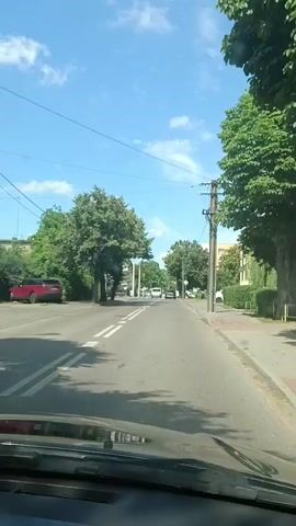 This media file shows a view from inside a vehicle driving down a street in Ostrów Mazowiecka, Poland. The scene is set on a sunny day with a clear blue sky dotted with white clouds. Lush green trees line the sides of the road, and a tall, modern apartment building with yellow siding and numerous balconies is visible. Several cars are parked along the sidewalk in front of the building. A power pole with wires is also prominent in the frame. The overall impression is one of a peaceful, ordinary day in a residential area.