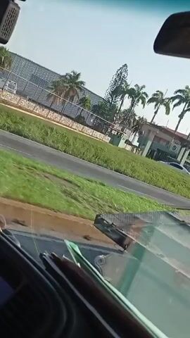 The video shows a view from inside a vehicle, likely a truck or large service vehicle, driving along a road. The road is paved and lined with street lights and trees, some of which appear to be palm trees. In the first few seconds, a fixed-wing aircraft can be seen parked on the grass beside the road. The driver is visible operating the vehicle. A dashcam is mounted on the front windshield. The weather appears sunny and clear.