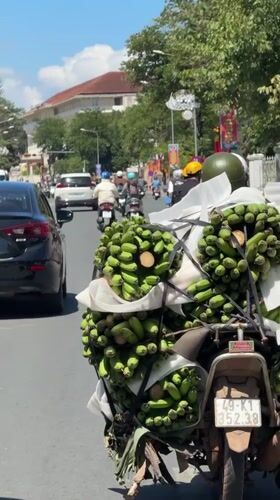 Banana-loaded motorbike rolling through Da Lat streets