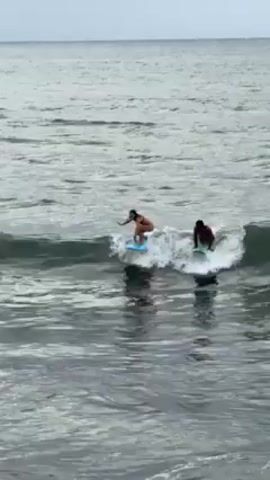 Two surfers, a female and a male, are riding waves in a gray ocean. The female on a light blue surfboard, is slightly ahead, while the male on a dark board is trailing behind. A seagull flies overhead.