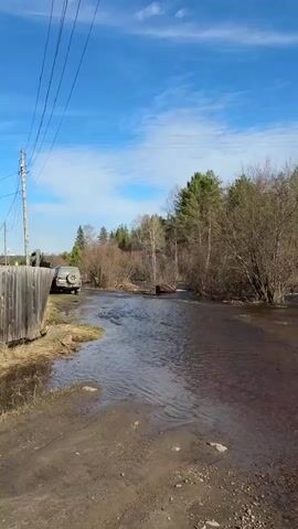 The video shows a flooded area. Trees stand in the brown water. The sky is blue with scattered clouds. An SUV is parked on the muddy bank of the water. The water level is high, submerging trees and bushes. The camera pans across the scene, revealing the extent of the flooding.