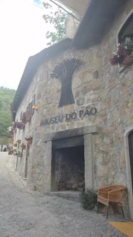 The video pans across the exterior of a stone building with the words "MUSEU DO PAO" above the entrance. Wheat stalks are carved into the stone above the text. Flower boxes hang on the walls. To the left of the building, a cobblestone path leads uphill past a carousel with people around it. The background is a dense forest with green trees.