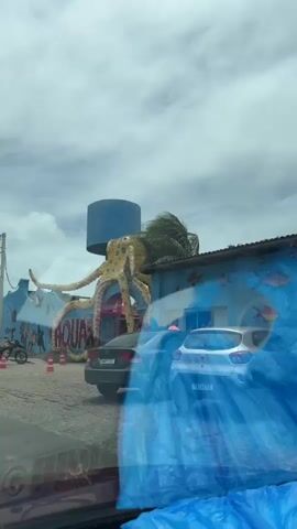 The video shows a large, yellow octopus sculpture arching over an entrance to an aquarium. The octopus is decorated with blue spots and has large blue eyes. The entrance itself has the word "AQUARIO" in large, colorful letters. Behind the entrance, there is a blue building with murals of fish and turtles on the wall. Several people are standing near the entrance, some appearing to be waiting in line. There are also cars parked in the foreground, and traffic cones are placed on the ground. The sky is cloudy, and palm trees are visible in the background. The video appears to be filmed from inside a vehicle, with reflections visible on the car's windows.