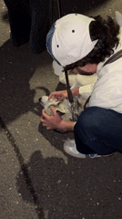 Man pets husky dog on street in Yerevan