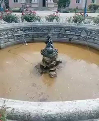 The video shows a close-up of a fountain with a statue in the center. The statue appears to be a child holding a globe. The fountain is made of stone and is surrounded by a low stone wall. There are roses growing around the fountain, and a building with a pink facade can be seen in the background. The water in the fountain is murky brown. The video is shaky, indicating it was likely filmed by hand. There are no people clearly visible in the foreground.
