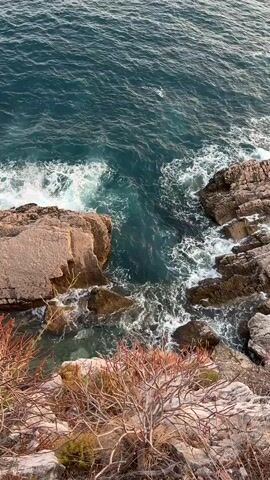 A high-angle view of waves crashing against rocky shore. The water is a deep blue-green, and white foam swirls around the rough, textured rocks. In the foreground, a few dry, spiky plants are visible.