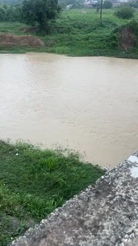 The video shows a river with brown, murky water. The riverbanks are covered in lush green vegetation. A concrete structure, possibly a bridge, is visible in the foreground. The overall impression is that the river is flowing swiftly and possibly swollen.