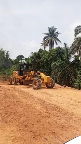 A bright yellow Caterpillar 140H motor grader is actively operating on a red dirt road, surrounded by lush green foliage and tall palm trees. The grader is positioned at a slight angle, with its large blade lowered and engaging the soil, suggesting it is in the process of leveling or shaping the road surface. An operator can be seen inside the cab of the heavy machinery. The vehicle has visible text "CAT" on its front side and "140H" along its main body, indicating its model. Another smaller text, "WA-795," is also visible near the front wheel. The scene depicts a clear, bright day, likely sunny, given the light on the machinery and road. The surrounding vegetation is dense, characteristic of a tropical or subtropical environment. The distinct red earth of the road and the presence of palm trees are consistent with the location context of Aloko, Nigeria, where such road construction or maintenance activities would take place. The sound of the grader's engine indicates it is running and engaged in its task.