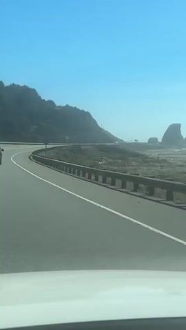 A highway curves to the left, bordered by a metal guardrail. Beyond the guardrail, dry vegetation and sand dunes stretch towards the ocean, where several large rock formations rise from the water. A steep, green, tree-covered hill is visible on the left side of the highway. The sky is clear and blue. A green road sign is visible to the left of the highway. The footage appears to be from a moving vehicle.