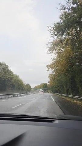 A car is driving on a rainy highway. The highway is bordered by trees on both sides. There is another car ahead. The sky is cloudy. A green bridge stretches across the highway.
