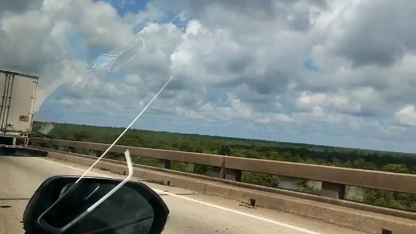 A view from inside a car driving on a highway bridge. The bridge has a concrete barrier on the right side. The view from the car window shows a dense, green forest stretching to the horizon under a sky filled with fluffy white clouds and patches of blue. A white semi-truck passes on the left. The camera angle is slightly high, offering a wide perspective of the landscape. The car's side mirror is visible in the lower left corner of the frame.