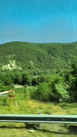 The video shows a view from a moving vehicle on a road that curves through a lush green, mountainous landscape under a clear blue sky. The vehicle appears to be traveling on the right side of the road. Traffic signs indicating a curve to the right are visible on the side of the road. The road has a yellow line on the right edge and white dashed lines in the center. The trees and vegetation are dense and appear healthy. There are no people visible in the video. The overall impression is one of scenic travel through a natural environment.