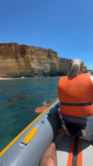 Kayaking group explores rocky coastline in clear waters