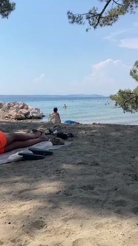 A sunny beach scene unfolds with calm blue water and a clear sky. In the foreground, a person lies on a towel on the sand, wearing orange shorts. Several dark objects, possibly flip-flops, rest near them. Two pigeons walk on the sand in the foreground, one closer to the camera and another slightly further away. In the middle ground, another person sits on a white chair facing the water. Several other people are visible in the shallow water, swimming or wading. Rocky formations line the left side of the beach, and a pine tree overhangs the scene from the upper right. The overall atmosphere is one of relaxation and summer recreation.