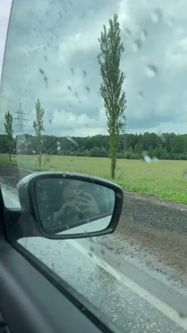 A car passenger records a view through a rain-streaked car window. The side mirror reflects the driver's hands. Outside, a green field is visible, bordered by trees. Several tall electricity pylons stand in the distance under a cloudy sky. The road appears wet, suggesting it is raining.