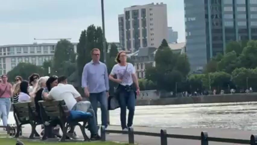 Okay, here is a brief description of the video:

The video shows a group of people along a walkway near a body of water, possibly a river or a large pond. Several people are sitting on park benches facing the water, while others are walking along the path. Among those walking are a man and a woman, both wearing casual clothing and walking together. Behind the group of people, there is a line of trees and some buildings, including a taller, modern-looking building that might be an office tower. The weather appears to be sunny and pleasant.