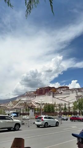 The video captures a wide shot of the majestic Potala Palace in the background, set against a bright blue sky with large, puffy white clouds. The palace features its distinctive white lower sections and red and gold upper structures, rising impressively on a hillside.

In the foreground, a busy city street is visible with multiple lanes of traffic. Several cars, including a white Volvo SUV and a white SUV (possibly another Volvo), are driving or parked on the road. Lush green trees line parts of the street and are also seen on the lower slopes of the palace hill. Streetlights and traffic lights are also present. The top of a person's brown hat is visible at the very bottom of the frame, suggesting the video is shot from a pedestrian's perspective. The scene is brightly lit, indicating daytime. The specific location is Chengguan District, China, consistent with the Potala Palace in Lhasa. There is no discernible text.