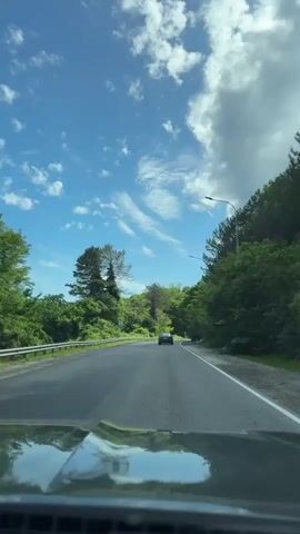 The video shows a car driving on a two-lane road through a wooded area on a sunny day. The road has a white line dividing the lanes. The trees are green and lush, and there is a metal guardrail on the left side of the road. A black car is driving ahead of the vehicle recording the video. The sky is blue with scattered white clouds. Streetlights are visible along the road. The hood of the car taking the video is visible in the foreground.