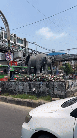 Elephant statue filmed in busy Dhaka street scene