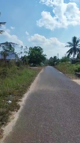 The video shows a paved road with grass and trees on both sides. The sky is blue with scattered white clouds. The road appears to be in a rural or tropical area, possibly a village. There are some houses or buildings visible in the background. The camera is moving forward, giving the impression of traveling down the road. The overall scene is peaceful and scenic.