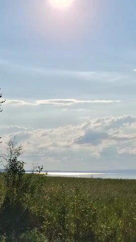 The video shows a sunlit landscape with a bright sun in the upper left corner of the sky. The sky is blue with scattered white clouds, some of which are fluffy and illuminated by the sun. Below the sky is a body of water, likely a lake or sea, with a distant shoreline visible. The water reflects the sunlight, creating a bright shimmer. In the foreground is a field of green grass and wildflowers, appearing lush and dense. The overall impression is of a serene, natural scene on a sunny day.