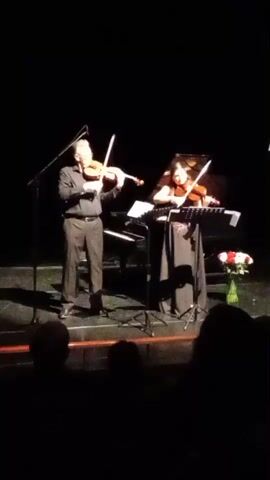 A dimly lit stage shows two violinists performing for an audience. A man on the left, dressed in black, stands next to a music stand and plays his violin. To his right, a woman in a long dress also plays a violin, using her own music stand. Behind them is a piano and a vase of red and white flowers. The audience is visible in silhouette in the foreground.