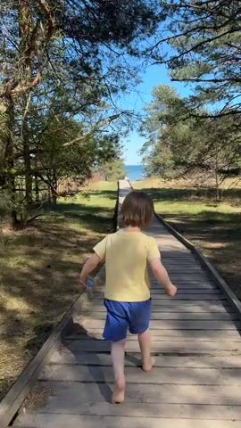 A young child wearing a yellow t-shirt and blue shorts runs barefoot down a wooden boardwalk towards the ocean. The boardwalk is surrounded by green grass and trees. The sky is blue and the water is calm. At the end of the boardwalk, near the ocean, people are sitting on benches.