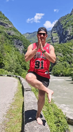 Yoga practice documented near turbid mountain river in Abkhazia