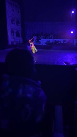 The video shows a dimly lit circus performance.  An individual wearing shorts is performing on a circular stage, using multiple glowing hula hoops around their body. The stage is lit with blue lights, and there is a backdrop of a stylized castle image. An audience is visible in the background, silhouetted against the light. The video is taken from the perspective of a person sitting in the audience, with the back of their head and shoulder visible in the foreground.