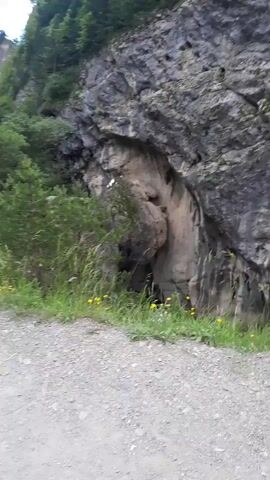 This media file shows a natural scene in Guli, Russia. The foreground features a gravel path bordered by green grass and scattered yellow wildflowers. Behind the path, a large rock face dominates the frame, with a cave-like opening visible within it. Lush green trees and foliage grow on and around the rock face, suggesting a mountainous or hilly terrain. The overall impression is one of a rugged natural landscape, possibly a park or hiking area. There is no visible text in the media file. The lighting suggests it is daytime, likely overcast given the lack of strong shadows. The scene is peaceful and serene, evoking a sense of being in nature.