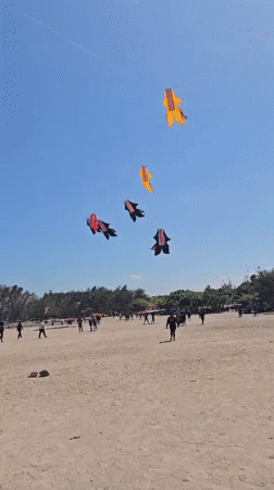 Beach festival with kites and stage in Denpasar