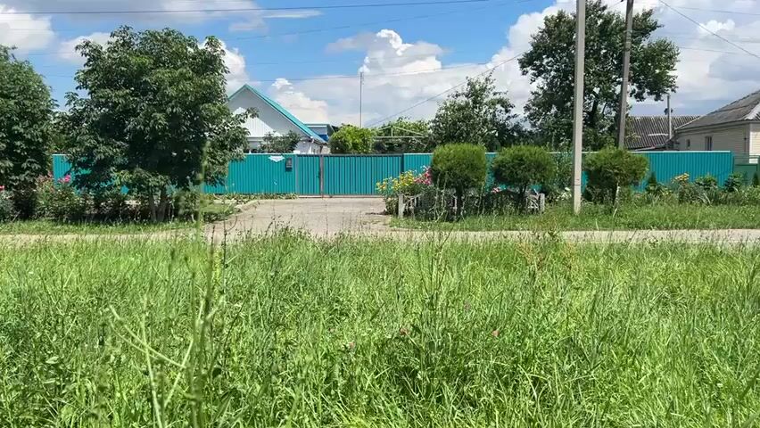 This video captures a rural scene in Dondukovskaya, Russia, on a bright, sunny day. The foreground is dominated by tall, lush green grass, indicative of a warm season, possibly summer. A paved driveway leads to a striking turquoise corrugated metal fence, which encloses a property.

Behind the fence, a white house with a blue roof is visible, along with several mature trees and manicured bushes. In front of the gate, there are flowering plants, including pink roses and yellow daisies, adding a splash of color to the landscape. Two small, rounded trees stand near the gate, and a decorative, low-lying fence is positioned in front of them. A mailbox is attached to the turquoise fence, and a house number plate, which appears to read "199", is also visible on the fence.

The overall impression is one of a peaceful, well-maintained rural property under a clear blue sky with scattered white clouds. The sunlight suggests it is likely midday. No people are visible in the video, focusing instead on the tranquil setting and the architectural elements of the property.