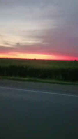 The video displays a slow-motion panning shot of a sunset over a rural landscape. The horizon is marked by a line of dark green vegetation, possibly fields of crops. Above the vegetation, the sky exhibits a gradient of colors, transitioning from a pale gray at the top to vibrant streaks of orange and pink near the horizon. A road with a white line marking its edge runs along the bottom of the frame, suggesting the footage was captured from a moving vehicle. Power lines are faintly visible against the sky in the upper portion of the image.