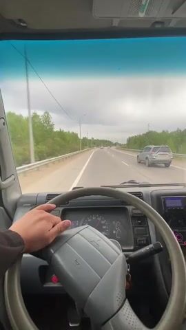A first-person view from the driver's seat of a vehicle shows a person driving on a multi-lane road in Malaya Elanka, Russia. The driver's right hand rests on a gray steering wheel, which features a Mitsubishi logo and a horn button. The dashboard is visible, with the speedometer indicating approximately 60 km/h.

Outside the windshield, a cloudy, overcast sky hangs above. The road stretches straight ahead, flanked by green trees and foliage on both sides. A guardrail separates the road from the adjacent green areas. Streetlights line the road, and power lines are visible in the distance. Other vehicles are present on the road; a silver SUV passes on the right, and faint outlines of cars can be seen further ahead. Blue road signs with white symbols are visible on the left side of the road. The interior of the vehicle appears to be that of a truck, given the high driving position and dashboard design, which includes an aftermarket stereo unit. The sun visor is tinted blue. The sound of the vehicle's engine or road noise is audible throughout the clip.