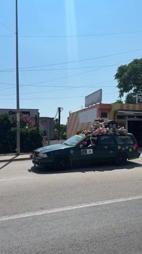 Station wagon cruises through Sutomore roof piled high with stuffed animals