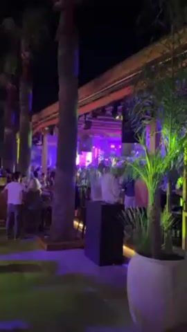 Here is a description of the video:

This nighttime video shows an outdoor party taking place at a restaurant or club. In the foreground are a few palm trees, some planters, and people standing or sitting at high-top tables. The middle ground shows more people dancing and milling around under a covered patio-style roof with pink and blue lighting. The overall atmosphere is lively and festive. The video seems to be taken from ground level, possibly by someone moving through the crowd.