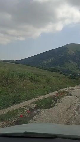 The video shows a first-person view from a vehicle driving on a rough, unpaved road. The road is cracked and has many potholes. On either side of the road are grassy hillsides with some scattered wildflowers, including red poppies. In the distance, a large, tree-covered mountain dominates the landscape under a partly cloudy sky. The vehicle appears to be moving forward, navigating the uneven terrain. There are no people or other vehicles visible in the immediate vicinity.
