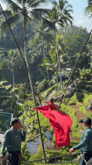 Red dress, palm tree swing, Tegallalang rice terraces