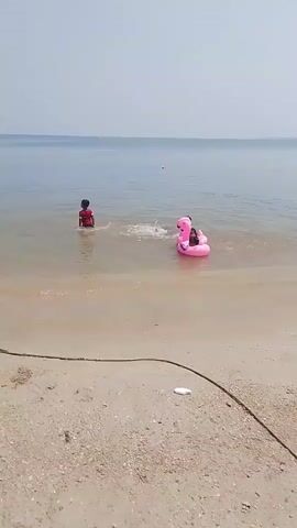 The video shows a beach scene with the ocean and a sandy shore. In the water, there are three individuals. Two children are on a pink inflatable flamingo float. Another child, wearing a red shirt, is standing in the water to the left of the float. The child in the red shirt appears to be splashing. The water is calm and clear. The sky is overcast.