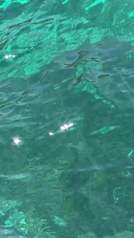 The video begins with a view of clear turquoise water, possibly showing a turtle-like shape beneath the surface. The camera then shifts to reveal a white boat with several people on deck, including one person about to jump into the water. The camera then changes to a wide shot from atop a cliff overlooking a cove. The cove features the same turquoise water and two boats are anchored in the bay. The cliff is a light brown color with sparse vegetation. The sky is partly cloudy, and people are visible on the clifftop. The cove is surrounded by the cliff walls, with a large opening into a cave partially filled with water.