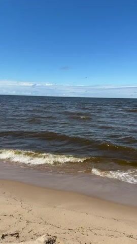 The video shows a wide expanse of sand and ocean under a bright blue sky. The sand is light brown and appears to have footprints scattered across it. The ocean water is a dark, murky brown and has gentle waves lapping at the shore. In the distance, the horizon is visible, with a line of clouds stretching across it. The sky is mostly clear with a few scattered white clouds. The camera is positioned at a low angle, close to the ground, and pans slowly to the left, revealing more of the sandy beach and the ocean. There are no people or man-made objects visible in the video, except for the footprints on the sand. The overall scene is peaceful and natural.