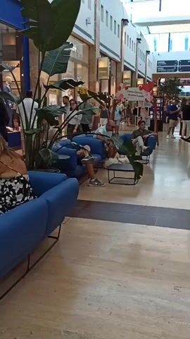 The video shows a busy indoor shopping mall. In the foreground, there is a large blue sofa with a person sitting on it and another person interacting with someone off-camera. In the middle ground, a man is sitting on another blue sofa, and a brown dog is walking by. Several other people are walking around the mall, browsing in shops, and some are standing and talking. The mall appears to have high ceilings with natural light coming from above. There are plants and decorative displays, including one with hearts. The floor is made of light-colored marble or tile. The overall atmosphere is casual and everyday.
