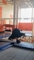 Person practices acrobatics on trampolines at Krasnoyarsk sports facility